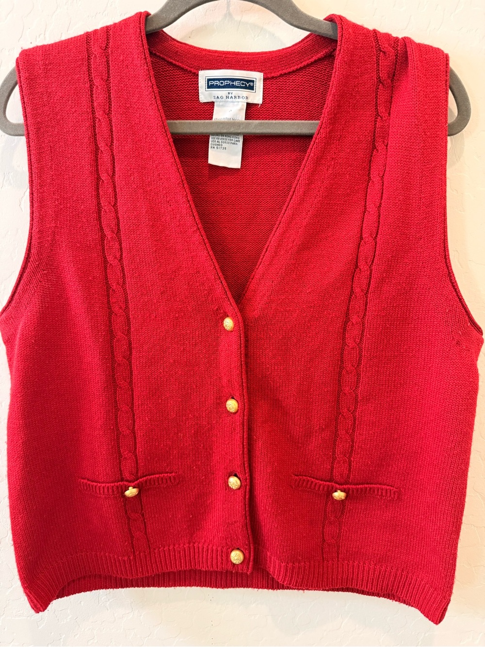 Vintage 90s Medium Prophecy by Sag Harbor Red Knit Vest with Gold Buttons